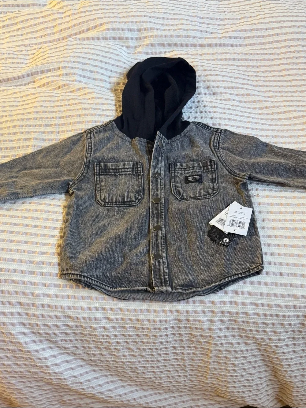 Volcom Kids Hooded Jean Jacket in Gray Wash with Black Hood